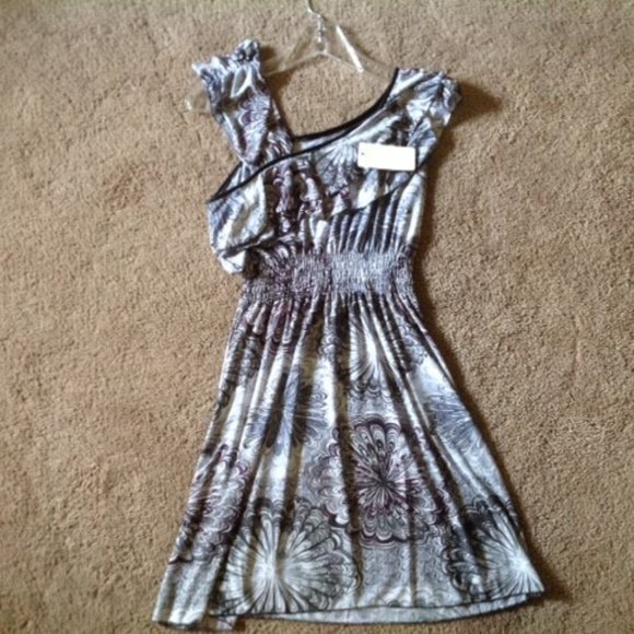 NWT RUFFLES! GRAY & BLACK PRINT DRESS SUNDRESS  S - Picture 4 of 5